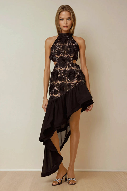 High Neck Mini Dress with Floral Overlay and Asymmetrical Hem - Black
