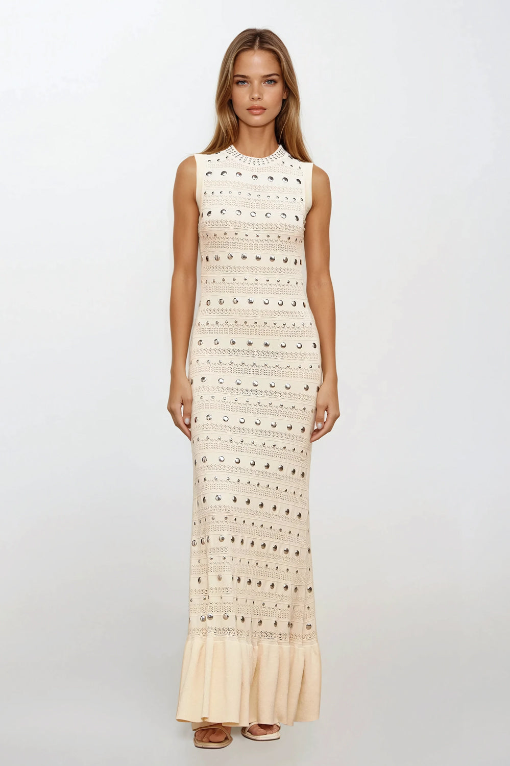 Knitted Sleeveless Maxi Dress with Metallic Accent - Apricot