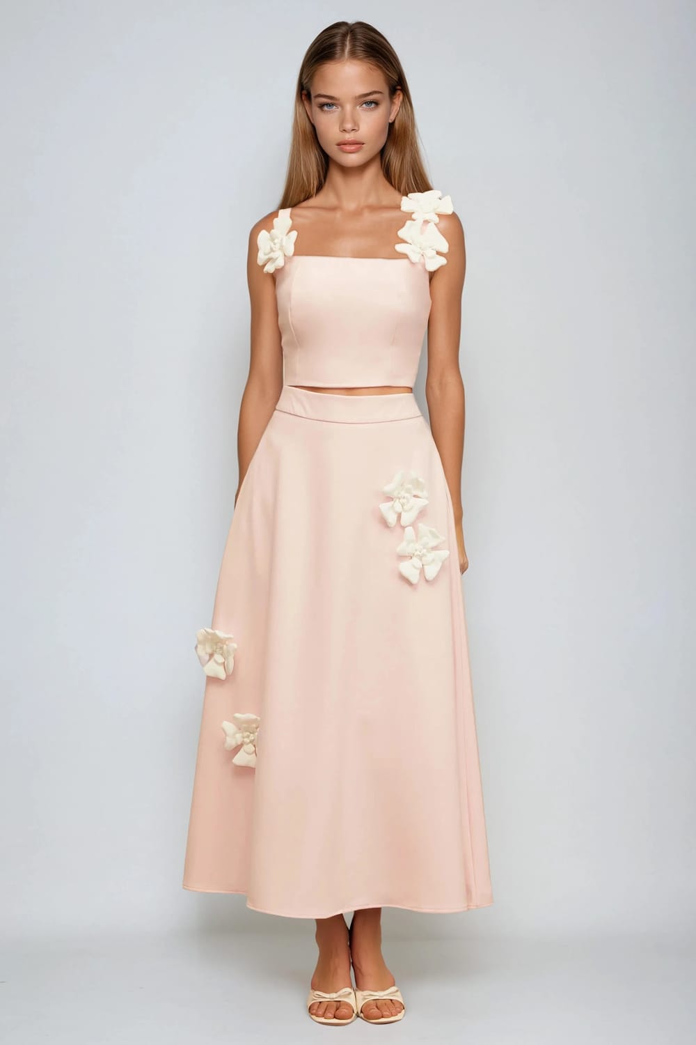 Two-Piece Set with 3D Flower Strap Top and A-Line Midi Skirt - Pink