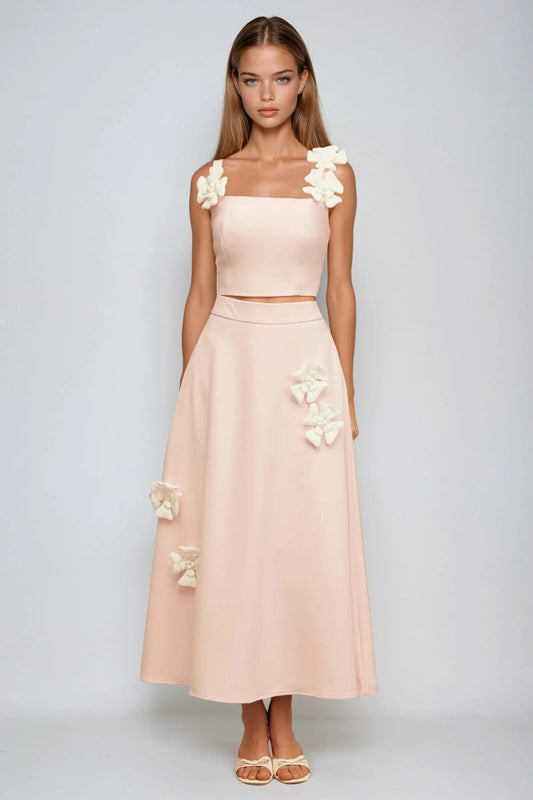 Two-Piece Set with 3D Flower Strap Top and A-Line Midi Skirt - Pink