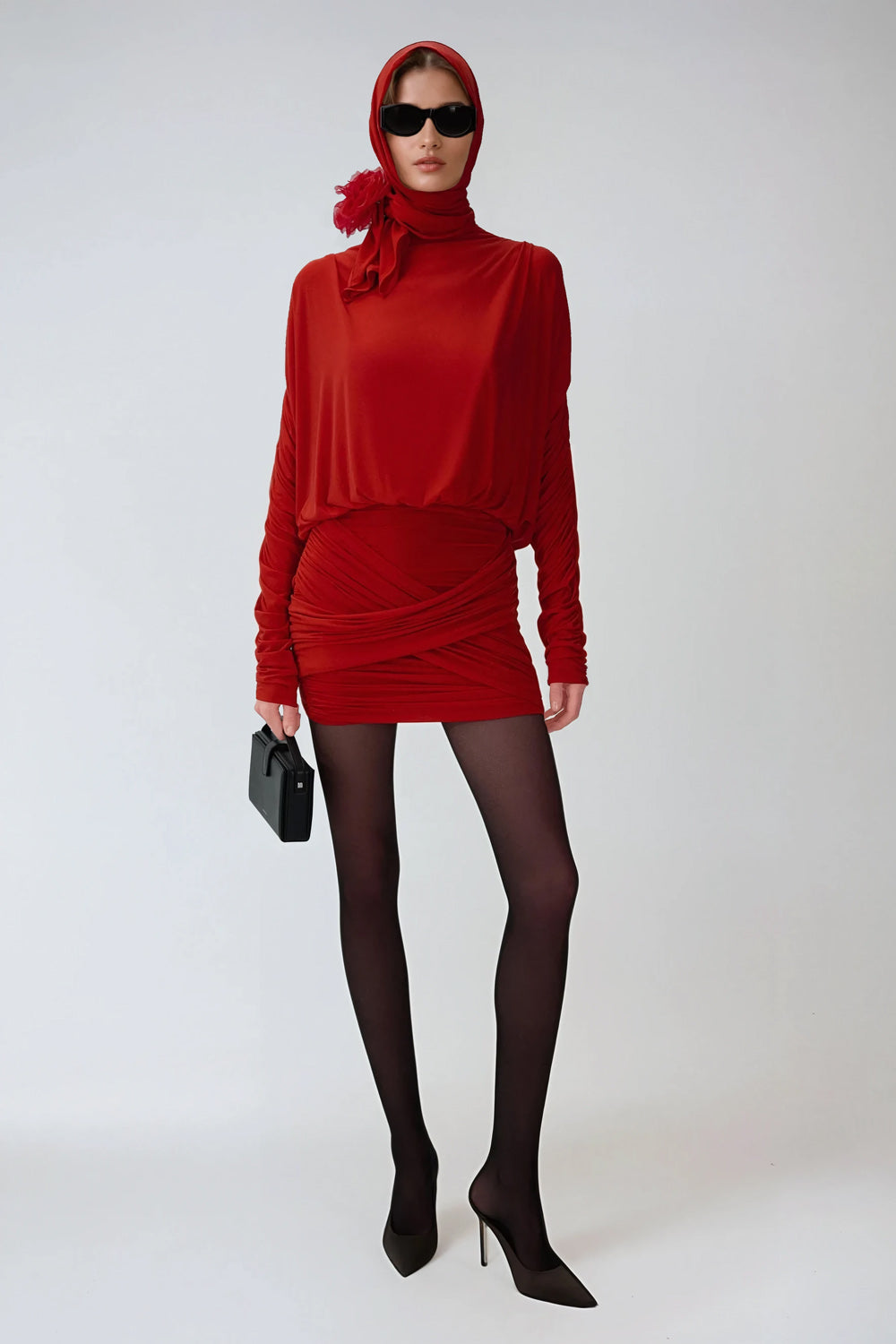 Mini Dress with Draped Long Sleeves - Red