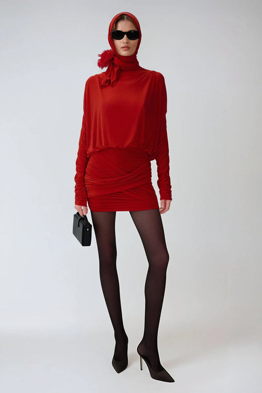 Mini Dress with Draped Long Sleeves - Red