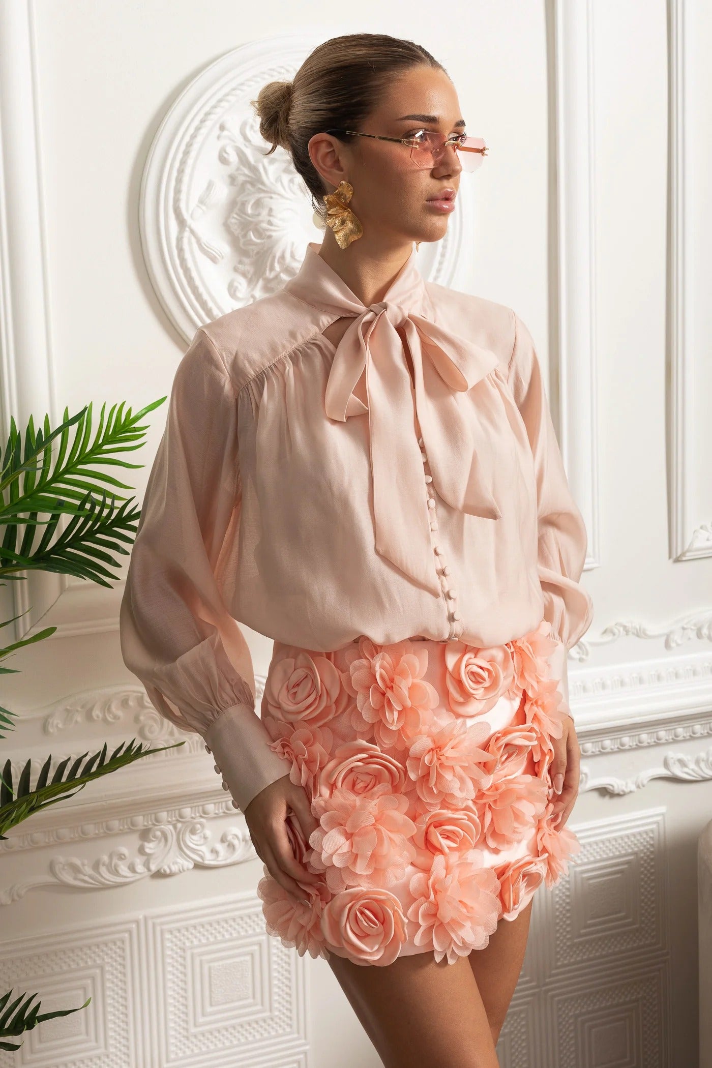 Bow Neck Blouse and 3D Floral Appliqué Mini Skirt Set - Pink