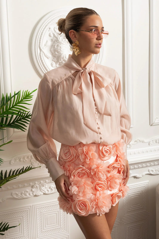 Bow Neck Blouse and 3D Floral Appliqué Mini Skirt Set - Pink