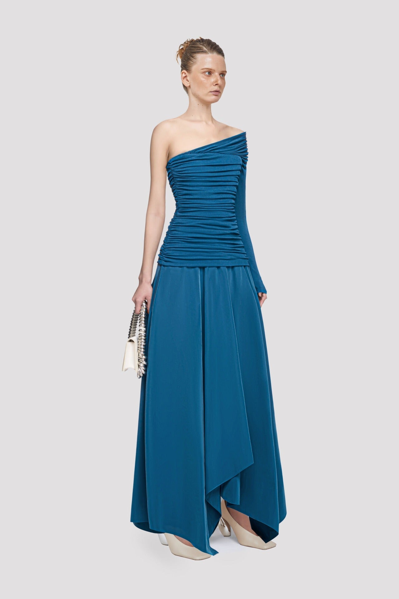 Asymmetrical Ruched Maxi Dress - Blue