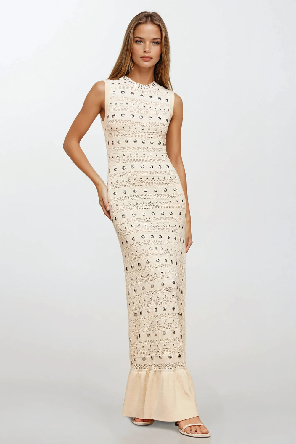 Knitted Sleeveless Maxi Dress with Metallic Accent - Apricot