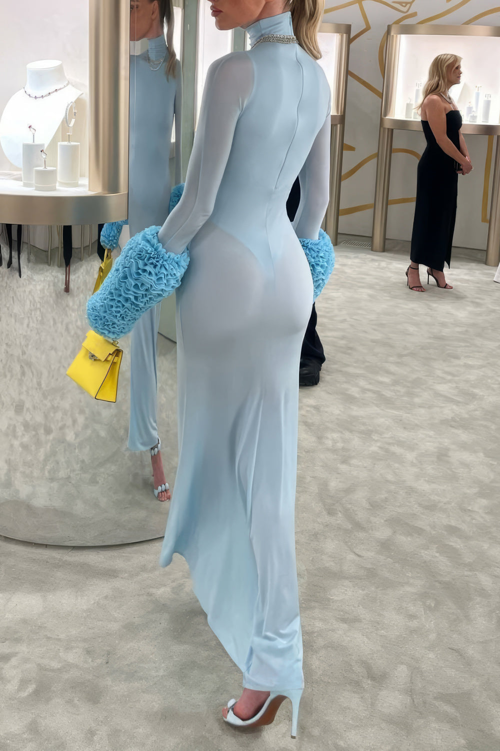 High-Neck Maxi Dress with Statement Cuffs