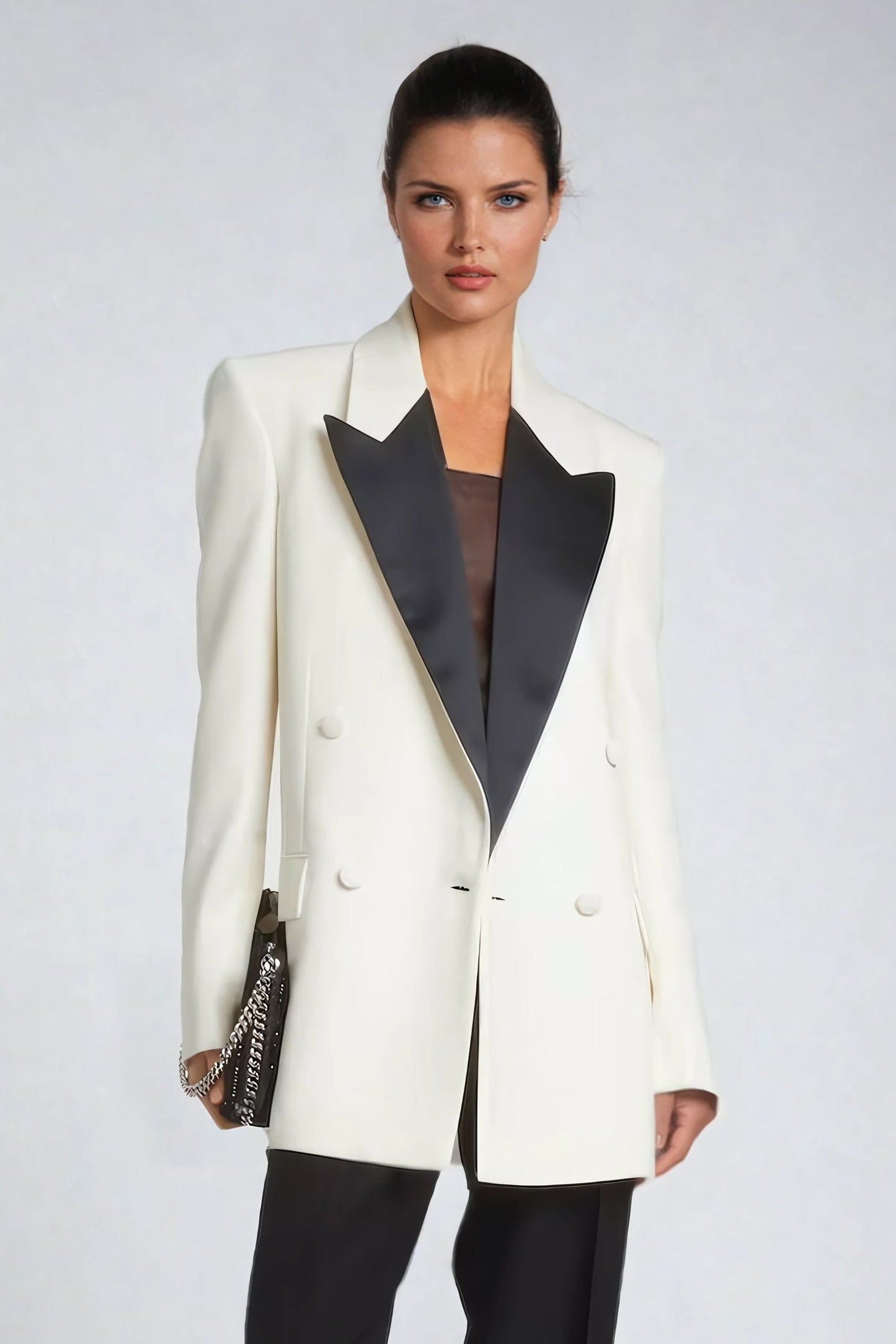 Double-Breasted Blazer with Contrasting Lapel - White