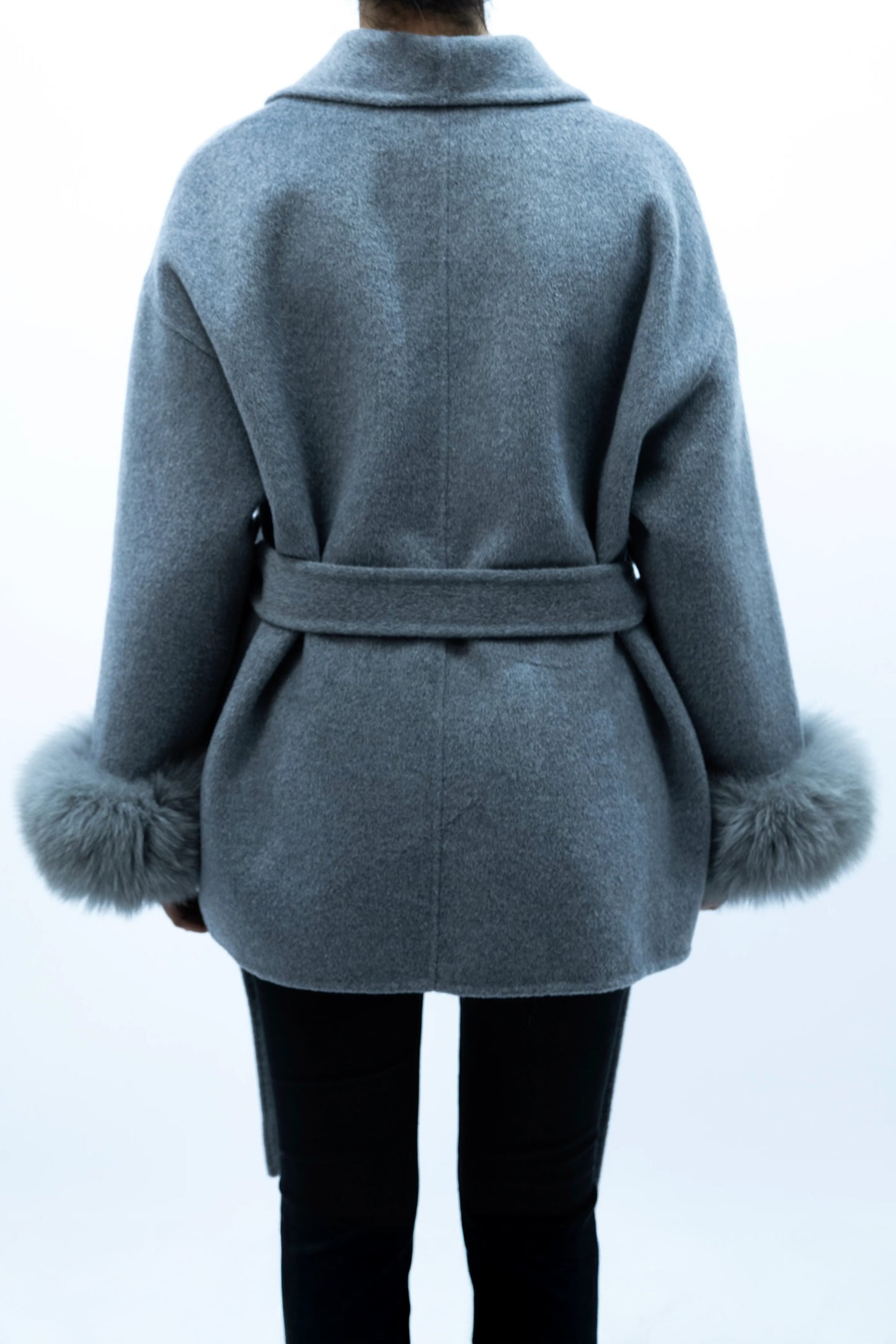 100% Wool Belted Coat with Fur Cuffs - Gray