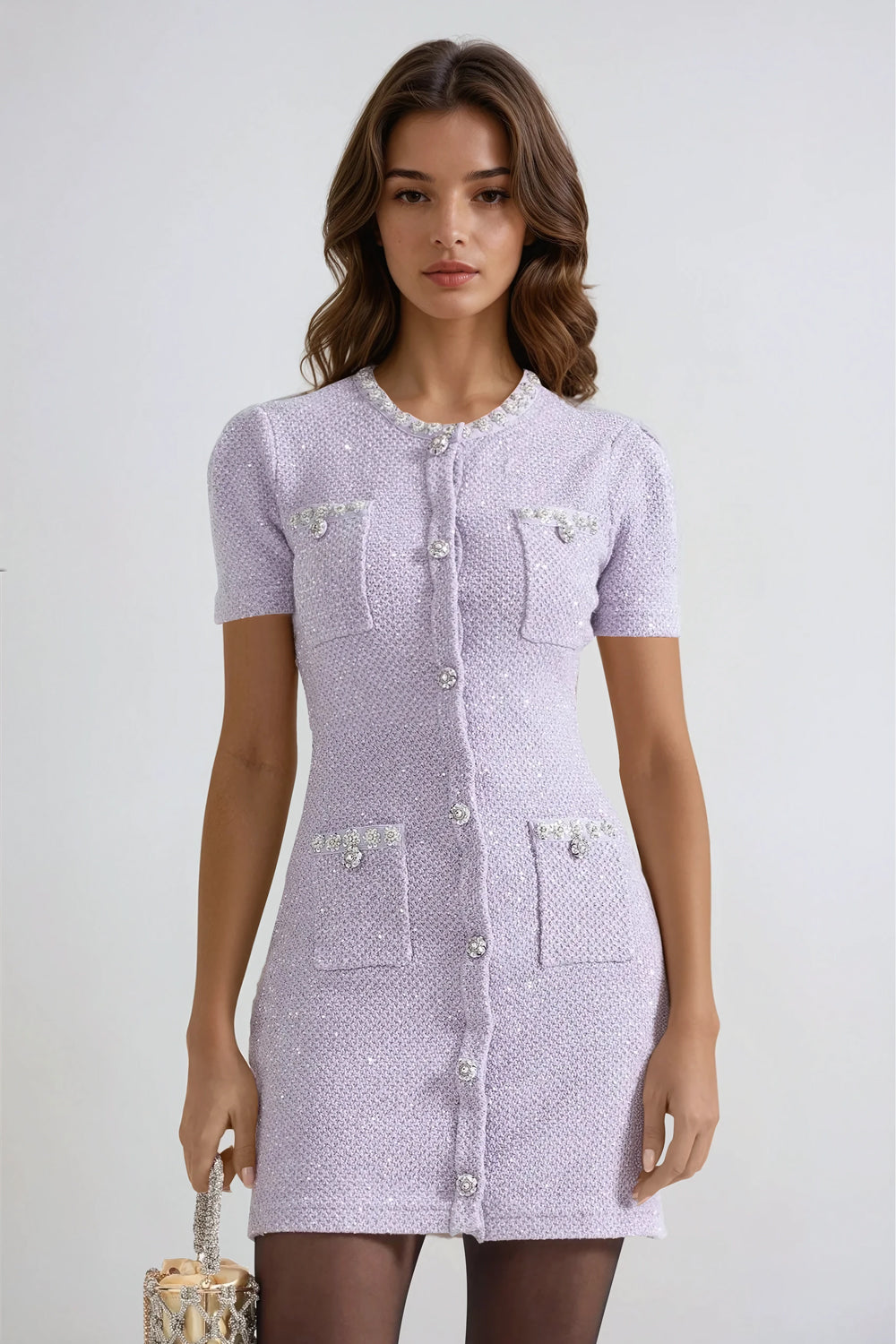 Short Sleeve Button-Up Knitted Mini Dress - Purple