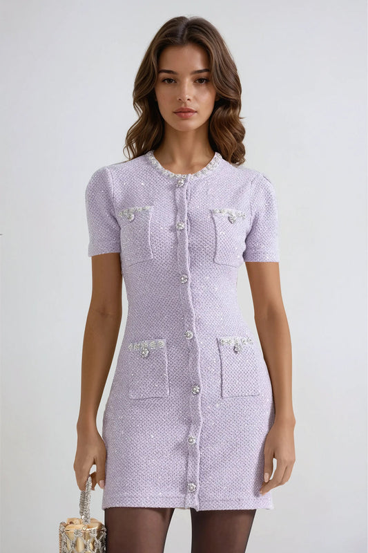 Short Sleeve Button-Up Knitted Mini Dress - Purple