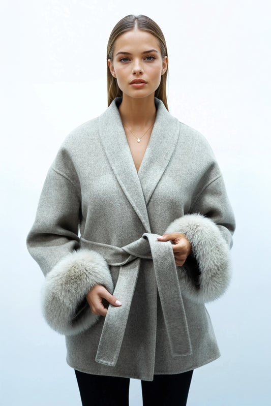 100% Wool Belted Coat with Fur Cuffs - Taupe