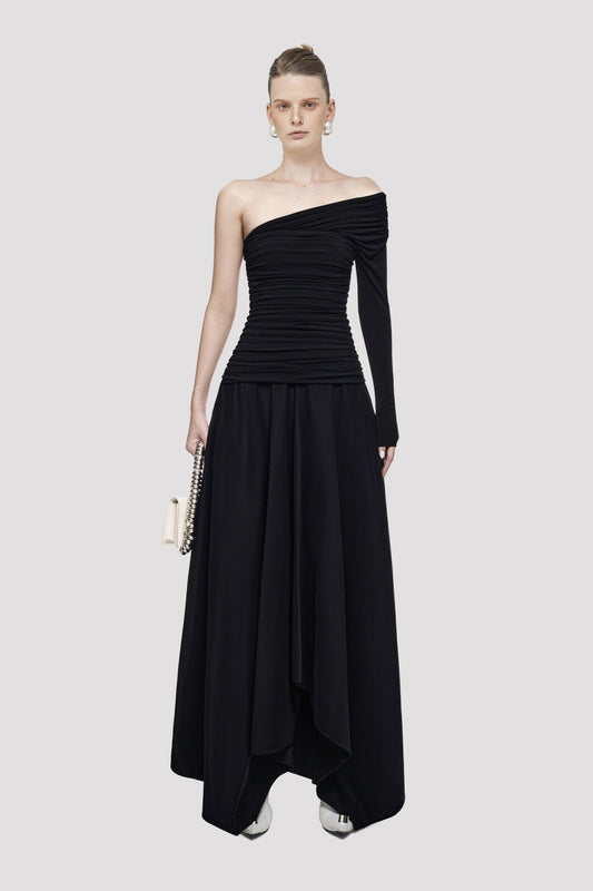 Asymmetrical Ruched Maxi Dress - Black