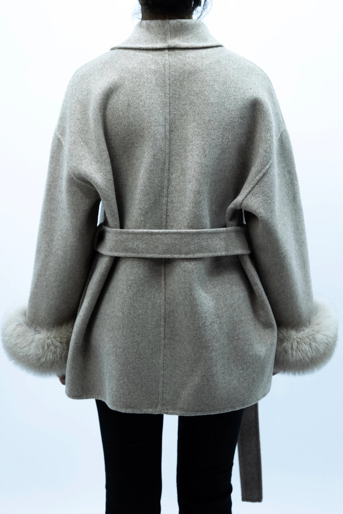 100% Wool Belted Coat with Fur Cuffs - Taupe