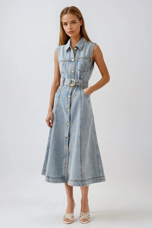 Sleeveless Denim Belted Button-Down Midi Dress - Blue