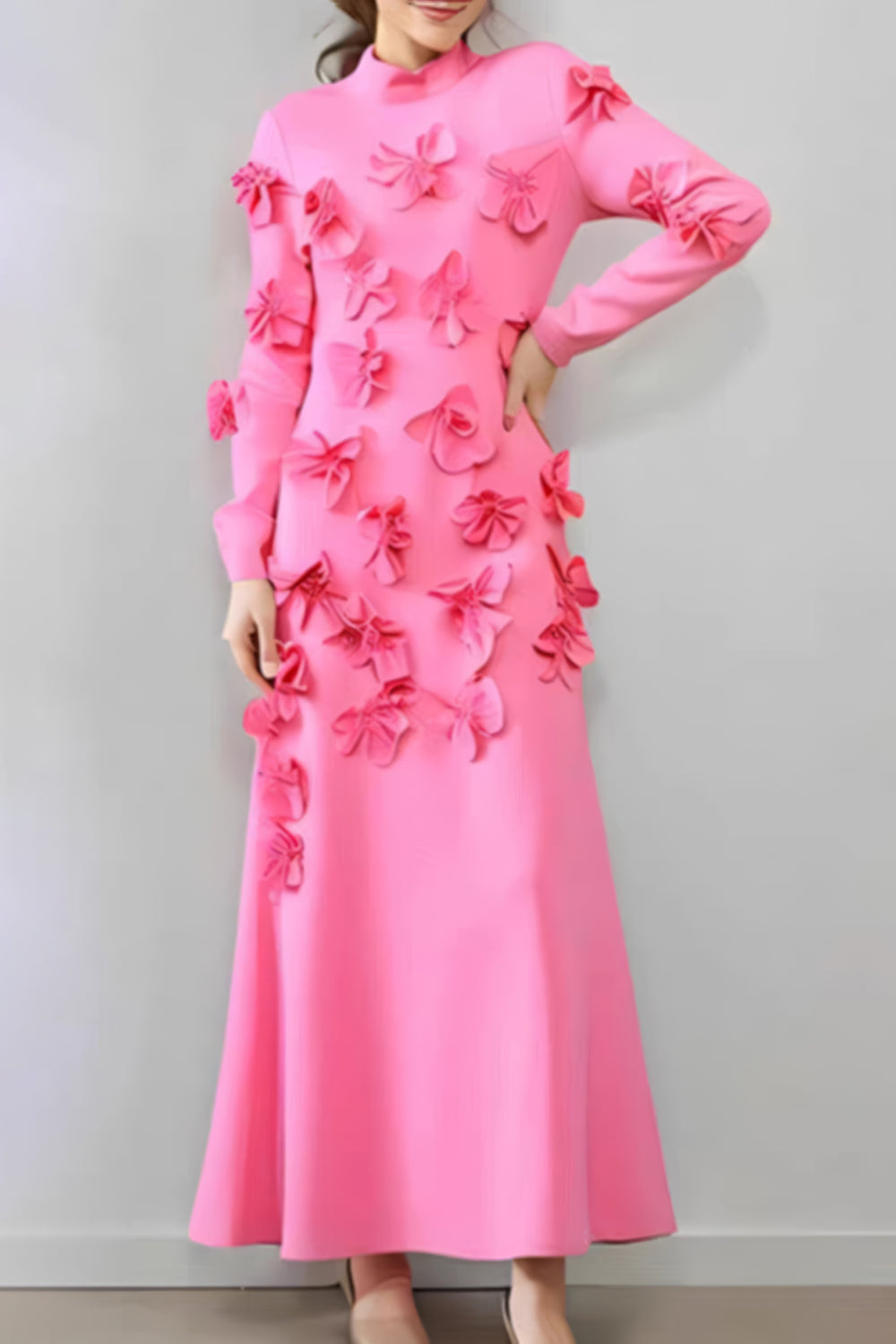 3D Floral Embellished Maxi Dress with Bow Accent