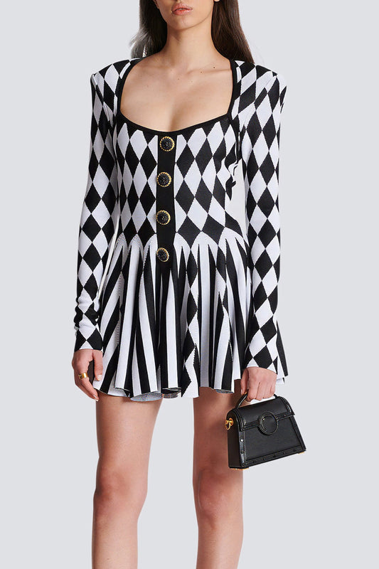 Geometric-Patterned Mini Dress with Square Neckline