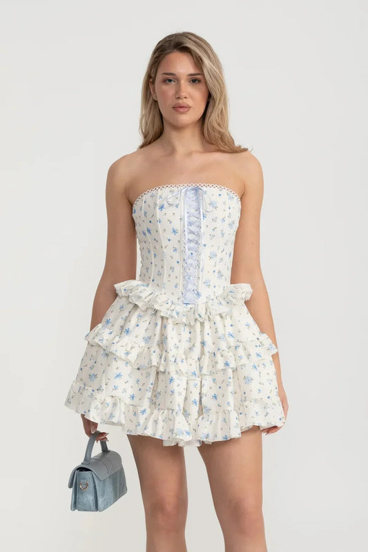 Ruffled Corset Mini Dress with Hidden Shorts - Blue