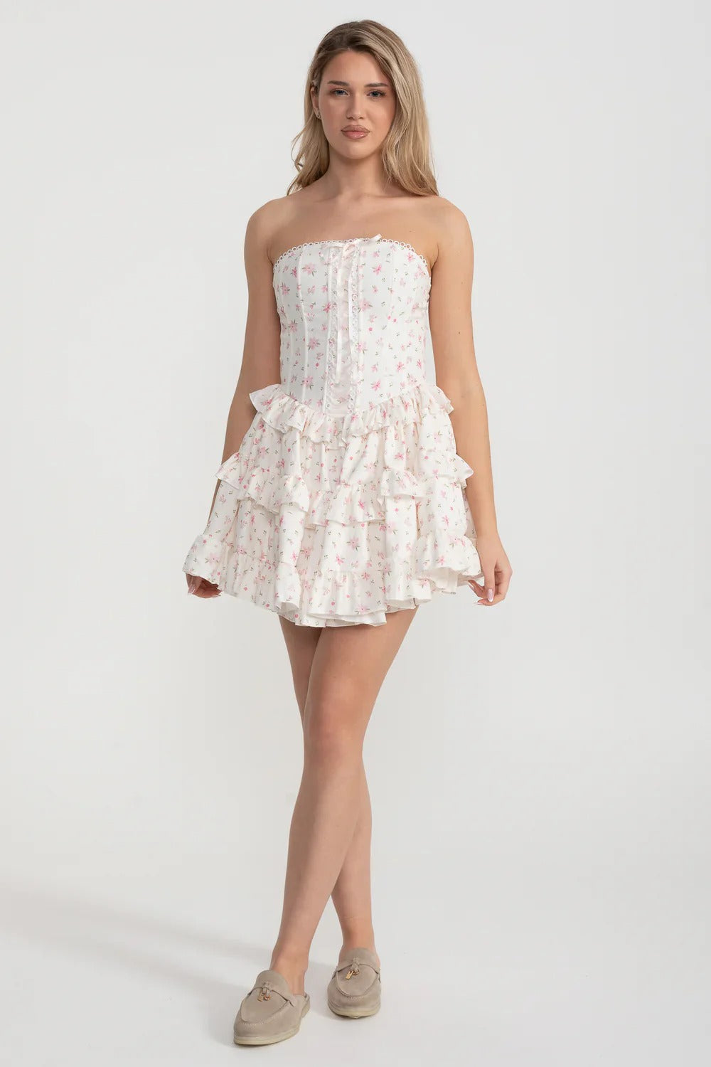 Ruffled Corset Mini Dress with Hidden Shorts - Pink