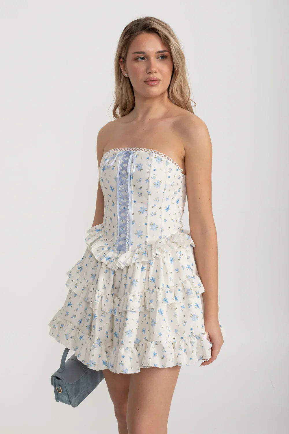 Ruffled Corset Mini Dress with Hidden Shorts - Blue