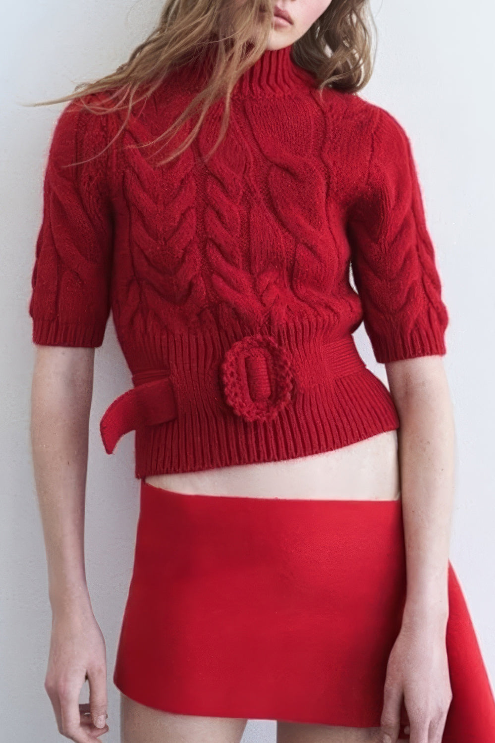 Knit Belted Short-Sleeve Sweater