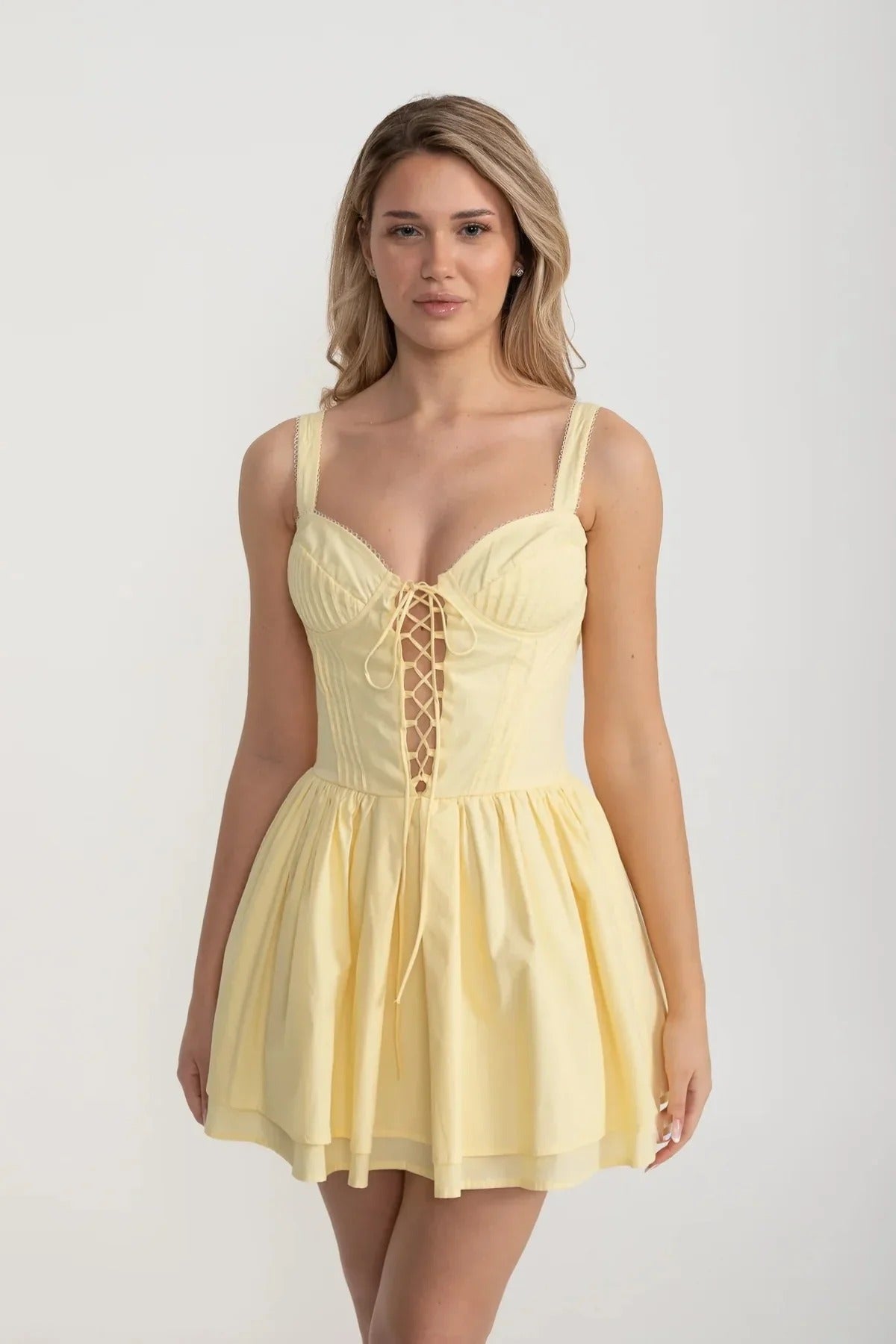 Corset Mini Dress with Lace-Up Front - Yellow