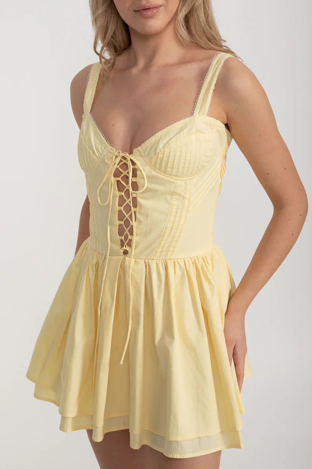 Corset Mini Dress with Lace-Up Front - Yellow