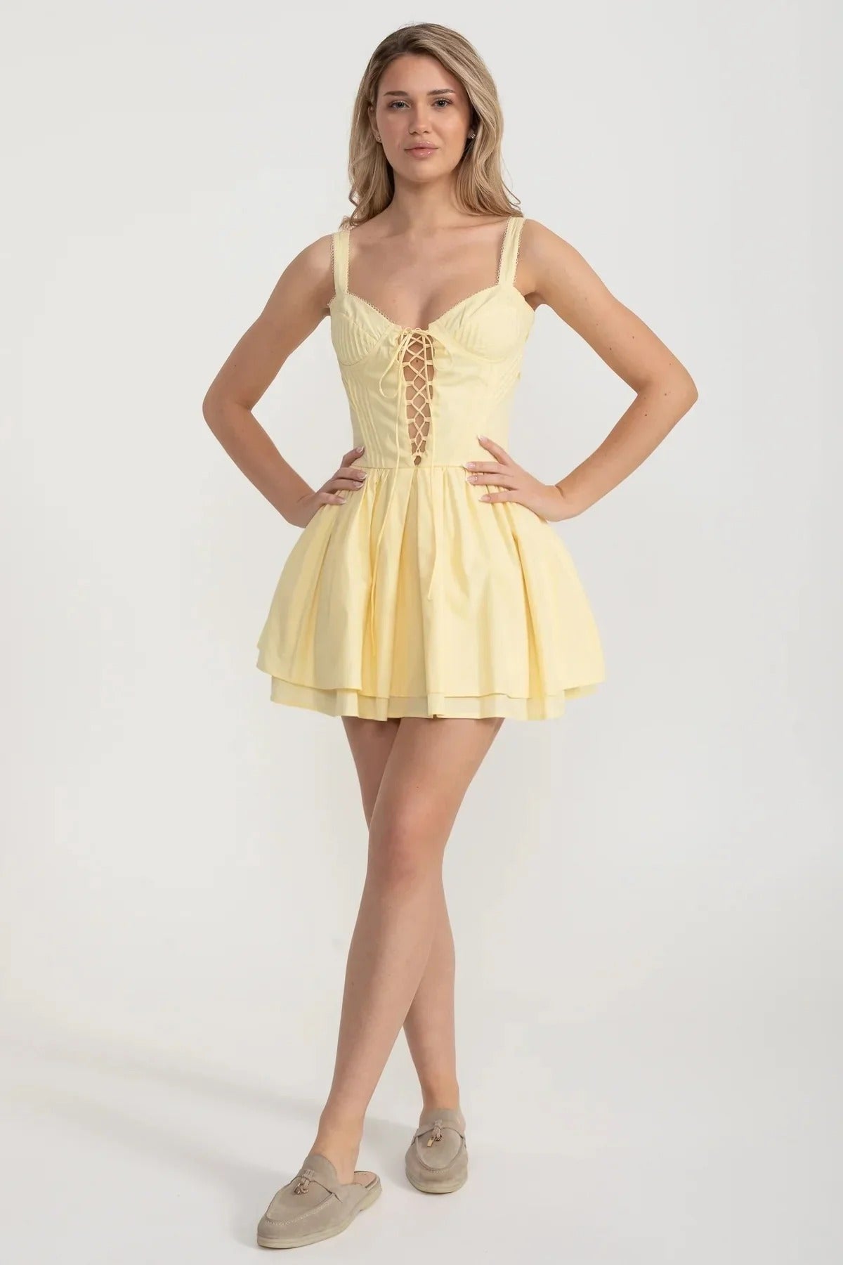 Corset Mini Dress with Lace-Up Front - Yellow
