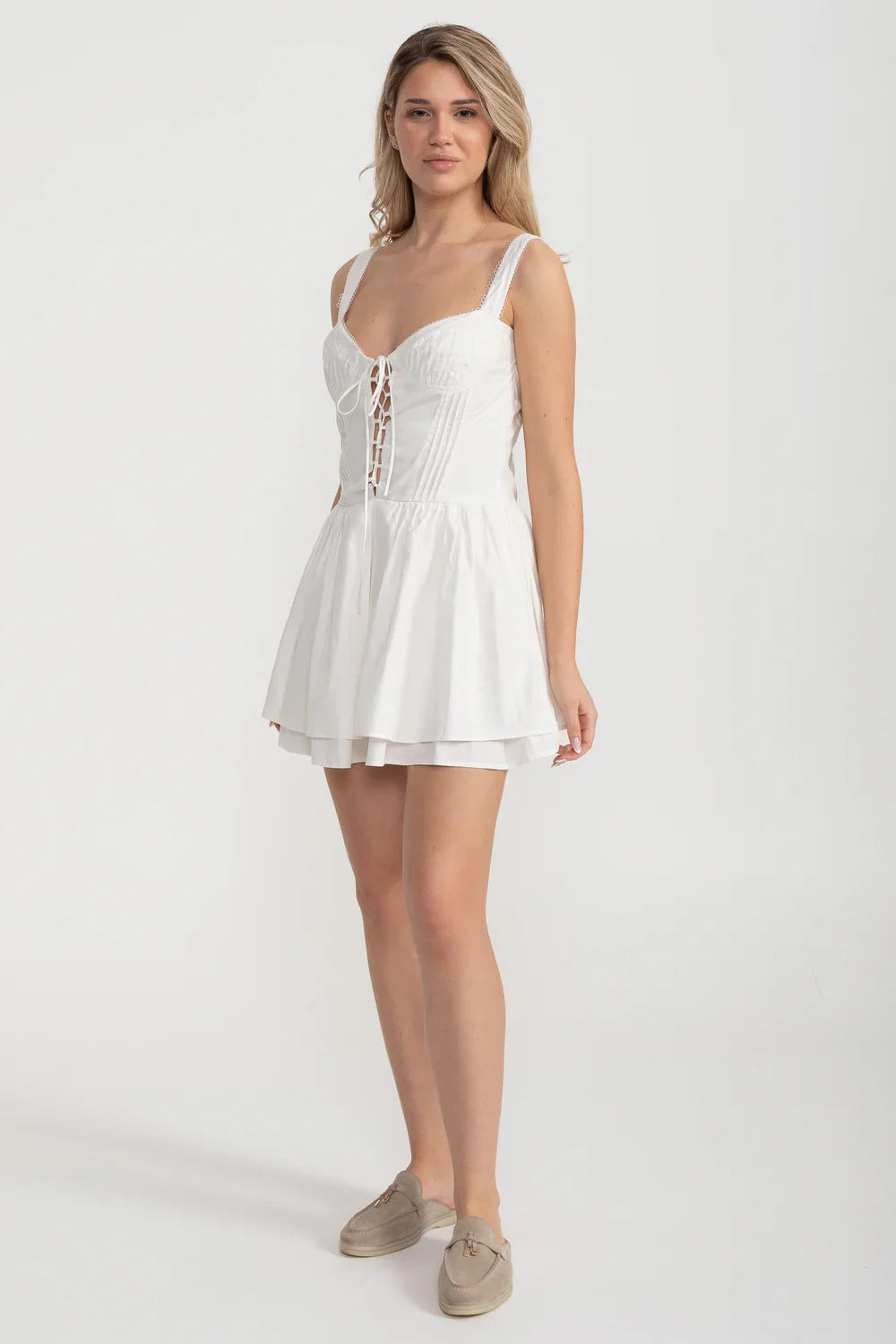 Corset Mini Dress with Lace-Up Front - White