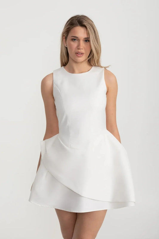 Sculpted Mini Dress with Overlapping Skirt Panel - White