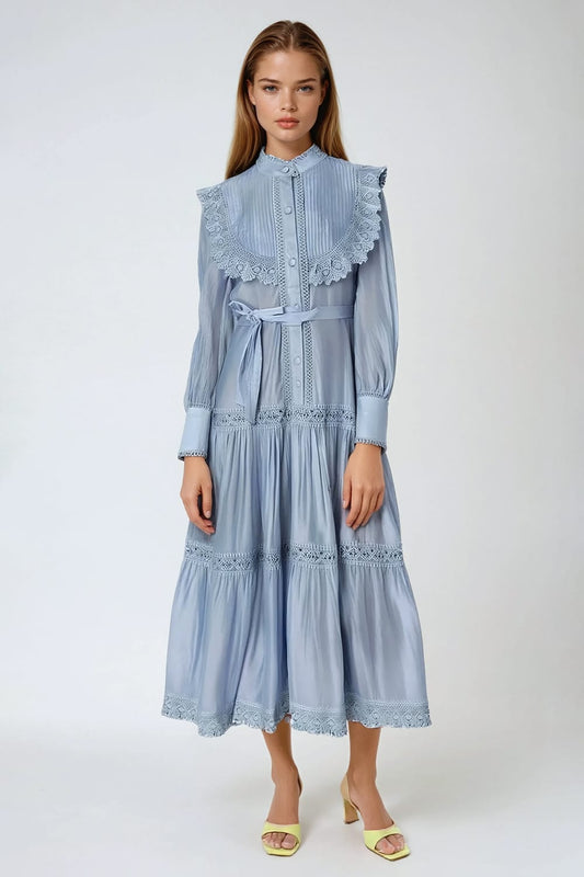 Lace Detail Long Sleeve Maxi Dress - Blue