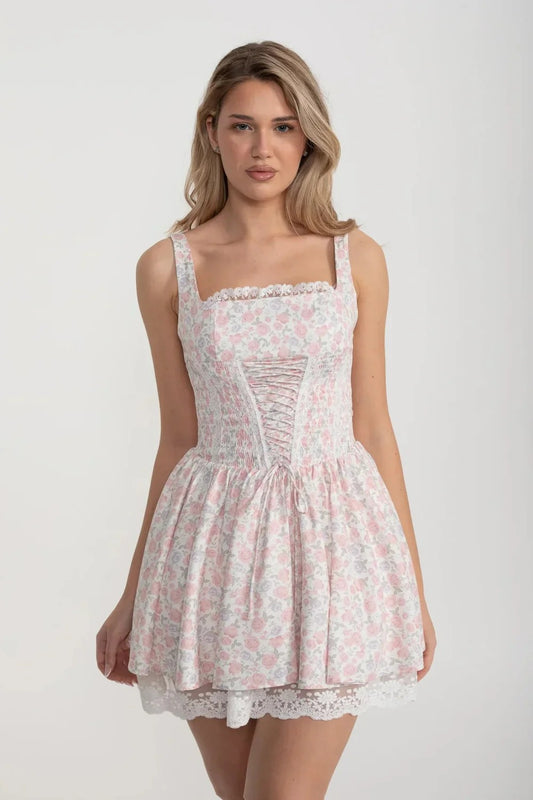 Floral Corset Mini Dress with Built-in Bloomers - Pink