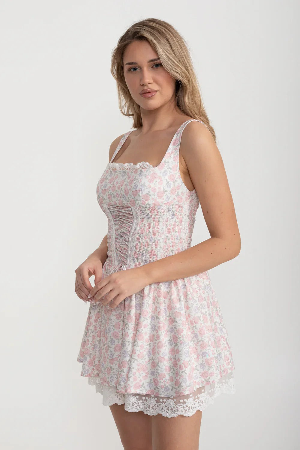 Floral Corset Mini Dress with Built-in Bloomers - Pink