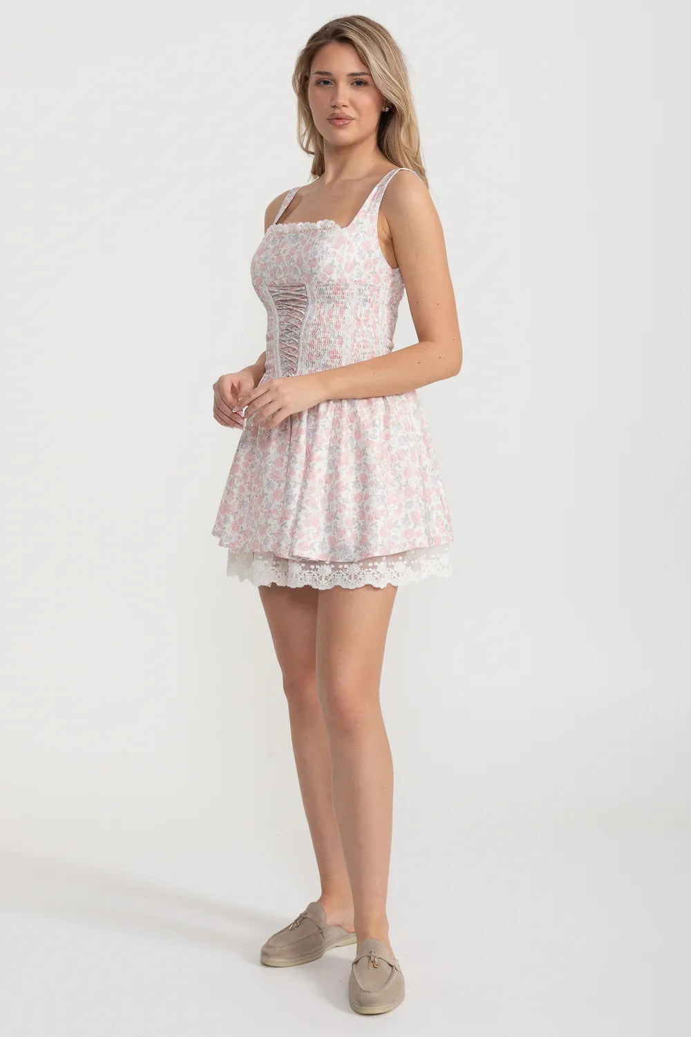 Floral Corset Mini Dress with Built-in Bloomers - Pink