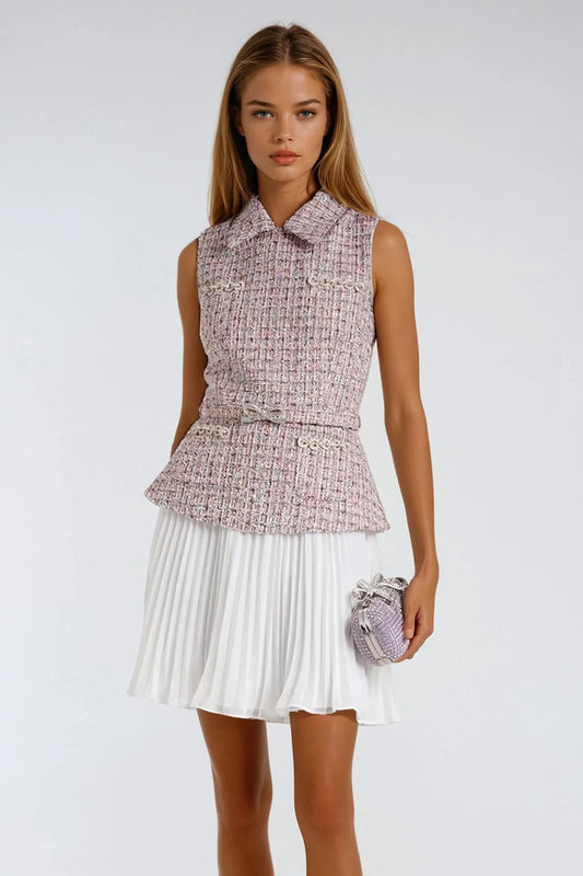 Sleeveless Mini Dress with Pleated Hem - Pink