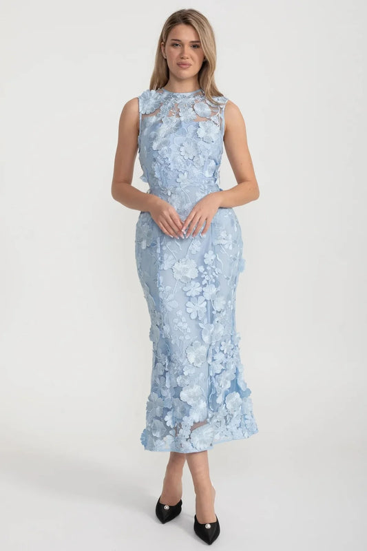 3D Floral Embroidered Sleeveless Midi Dress - Blue