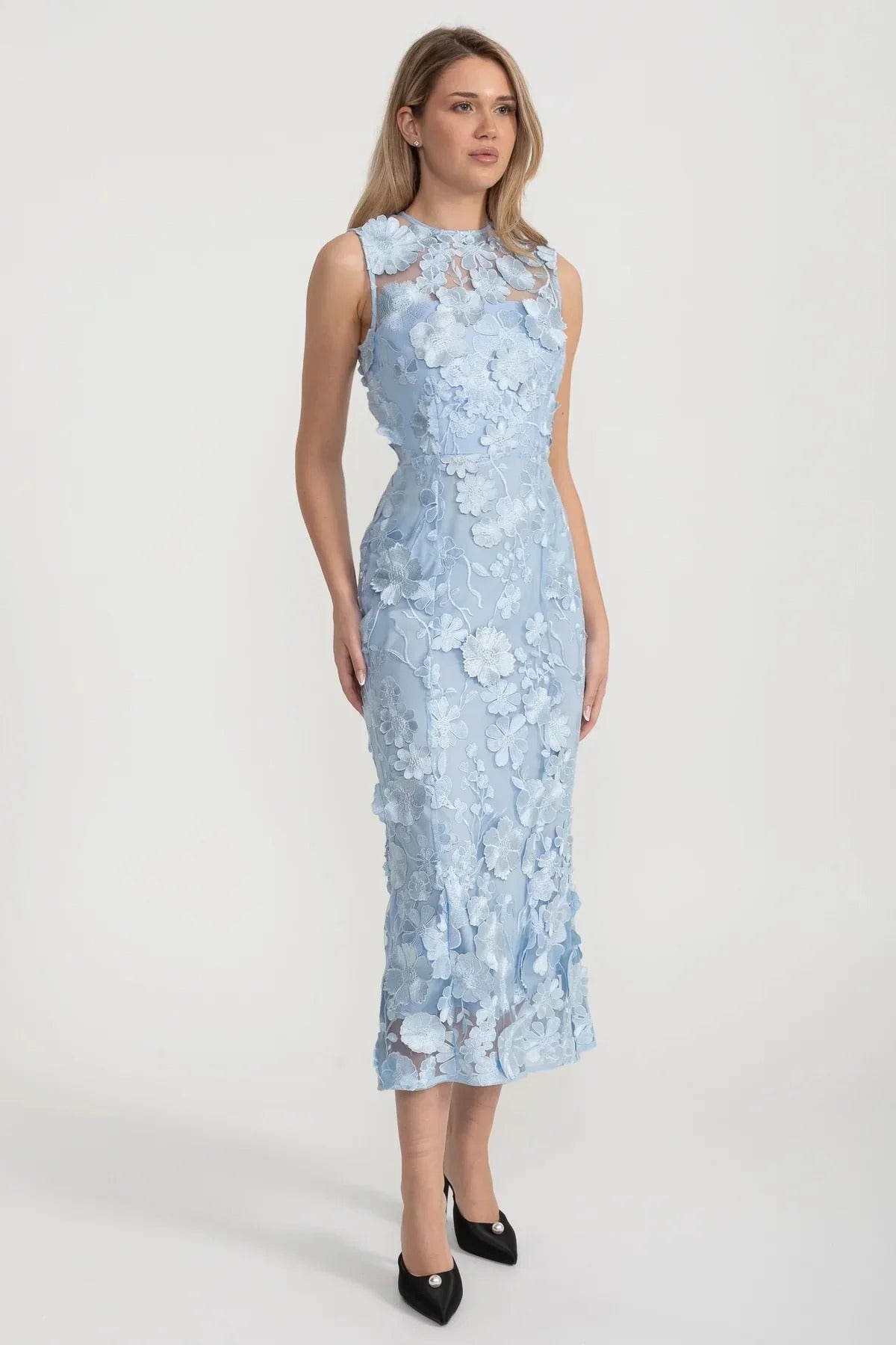 3D Floral Embroidered Sleeveless Midi Dress - Blue