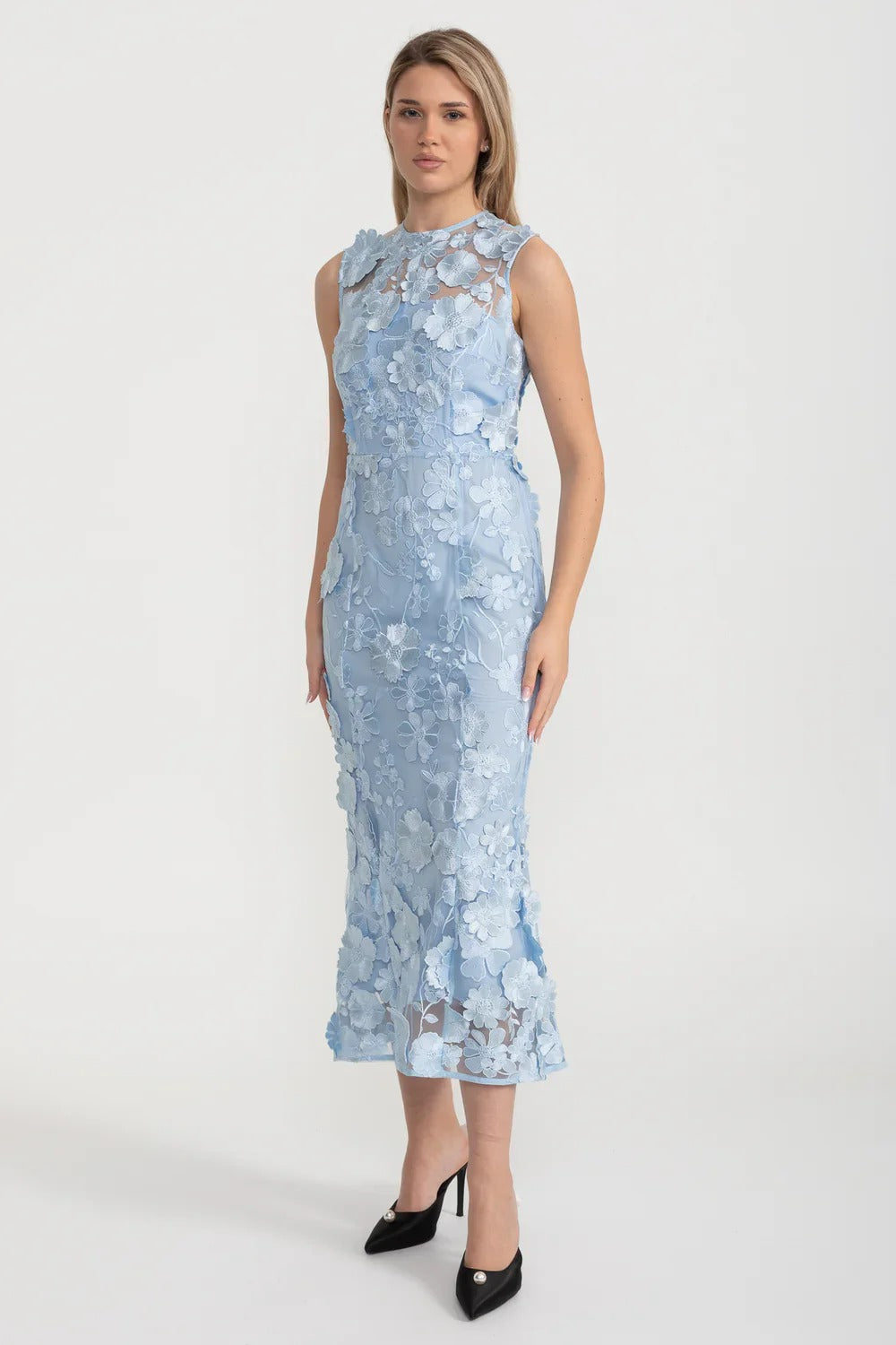 3D Floral Embroidered Sleeveless Midi Dress - Blue