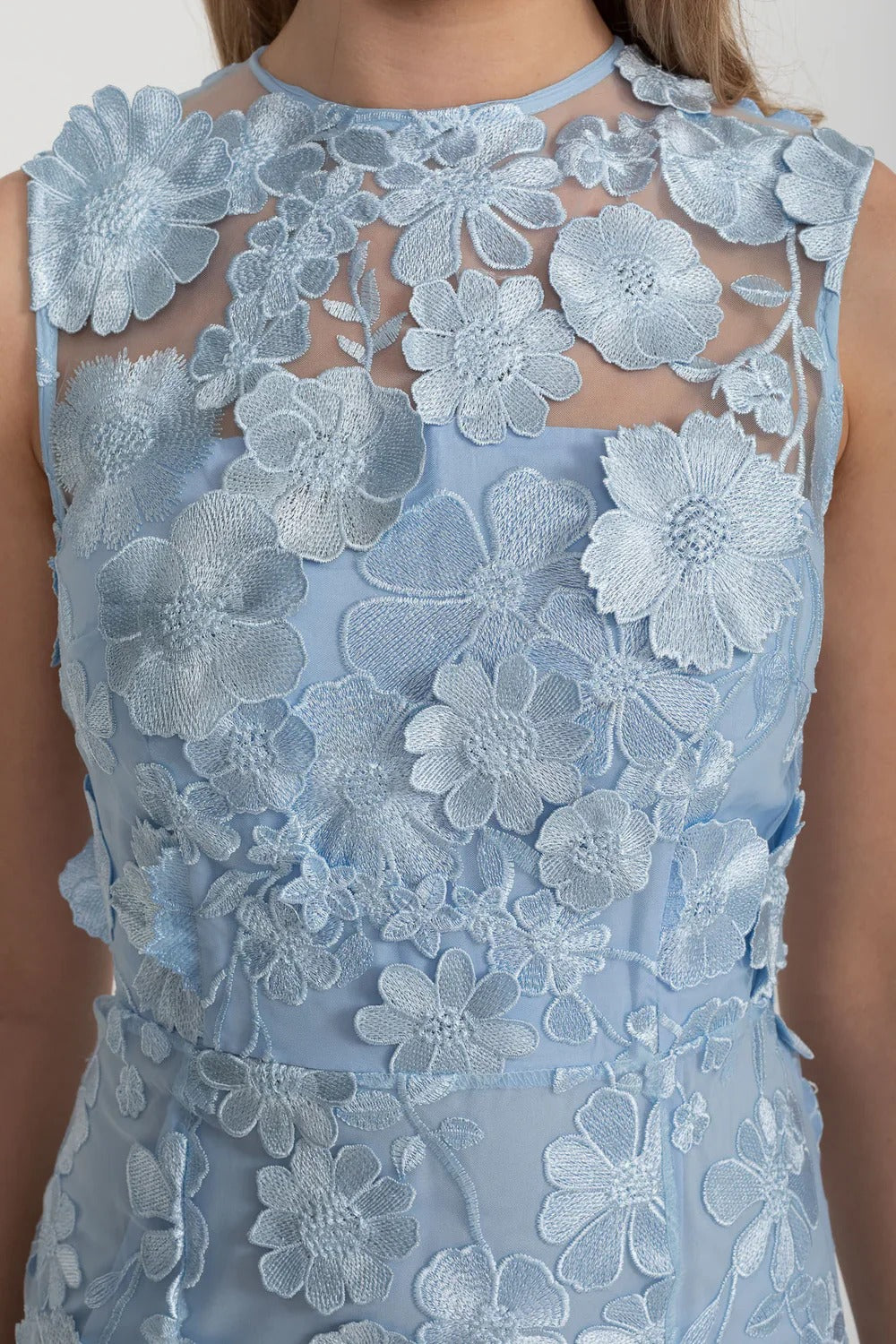 3D Floral Embroidered Sleeveless Midi Dress - Blue