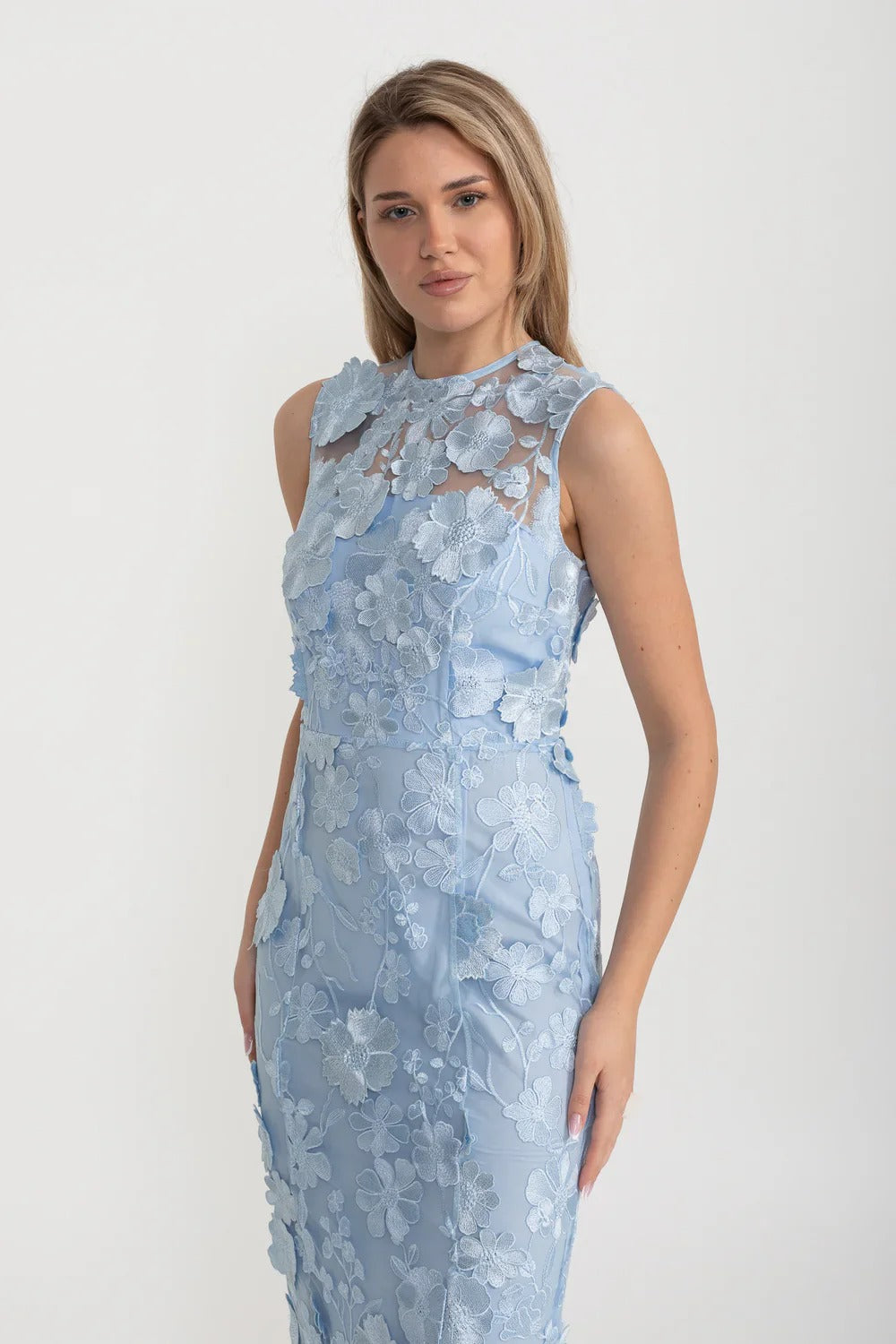 3D Floral Embroidered Sleeveless Midi Dress - Blue
