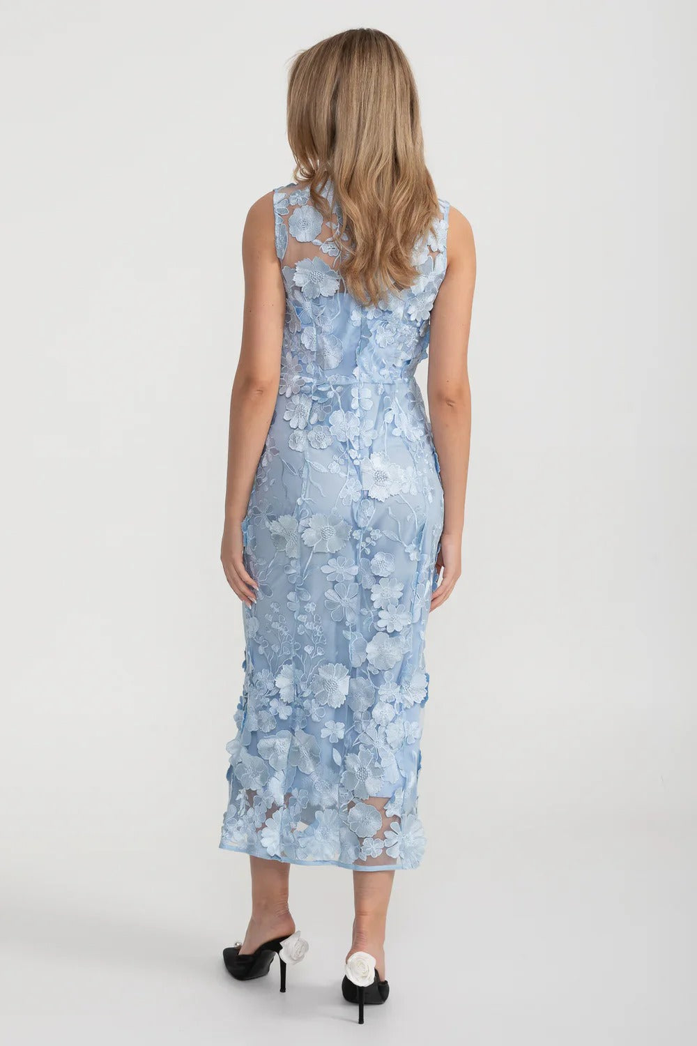 3D Floral Embroidered Sleeveless Midi Dress - Blue