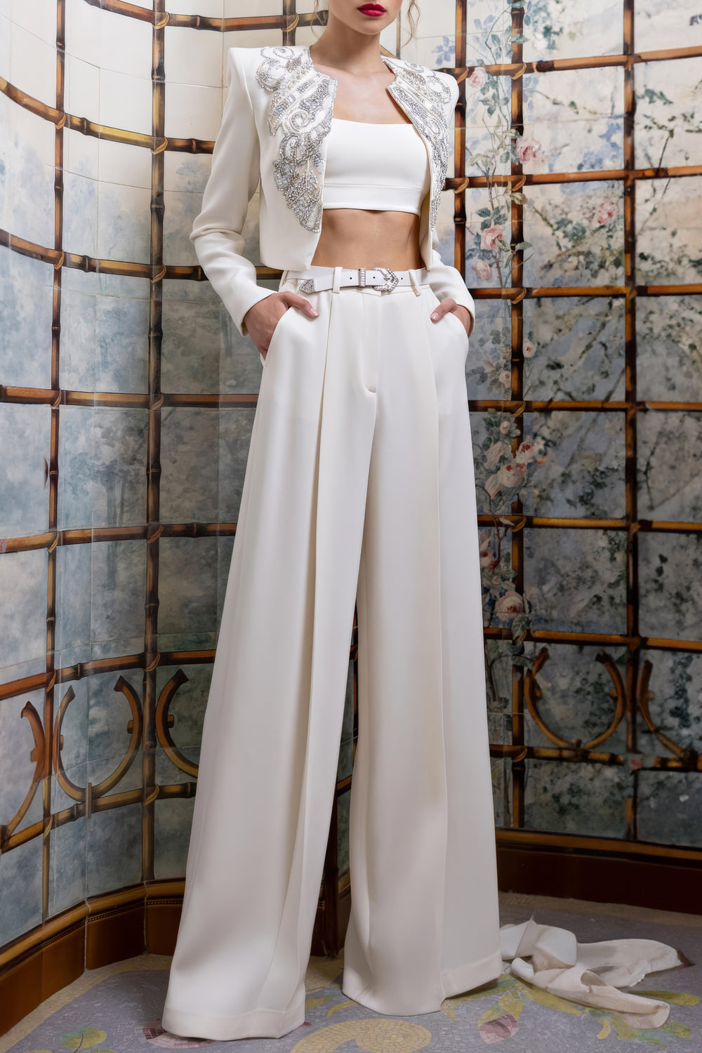 Embellished Cropped Jacket and High-Waisted Wide-Leg Trousers Co-Ord Set