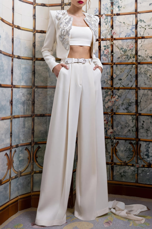 Embellished Cropped Jacket and High-Waisted Wide-Leg Trousers Co-Ord Set