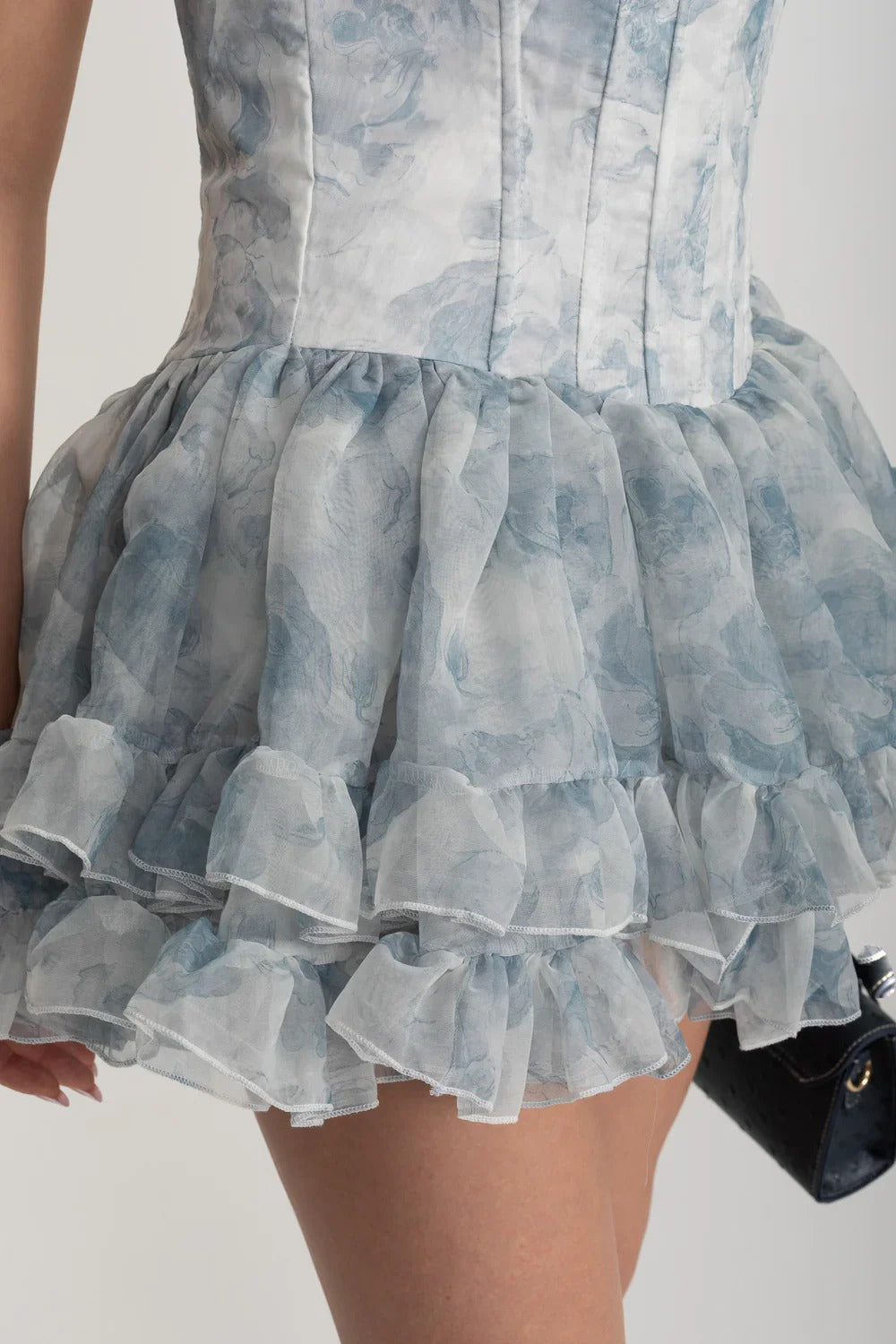 Strapless Ruffle Mini Dress with Bow Detail - Blue