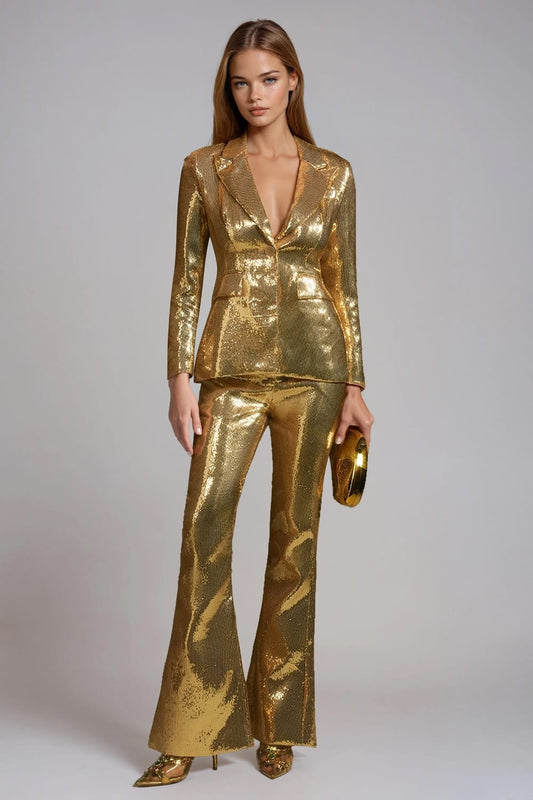 Two-Piece Set with Sequin Blazer and Flared Trousers - Gold