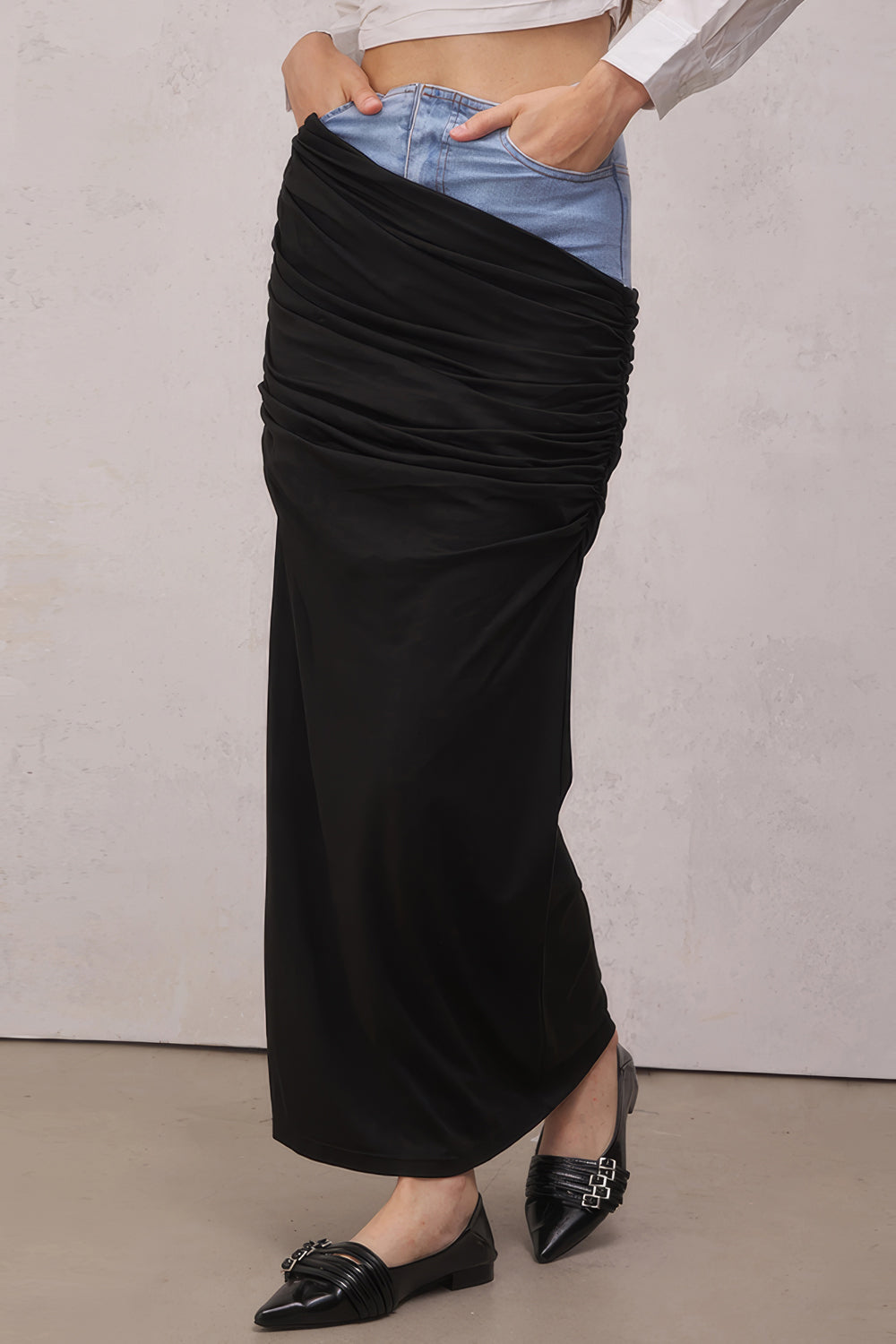 Layered Denim and Ruched Maxi Skirt