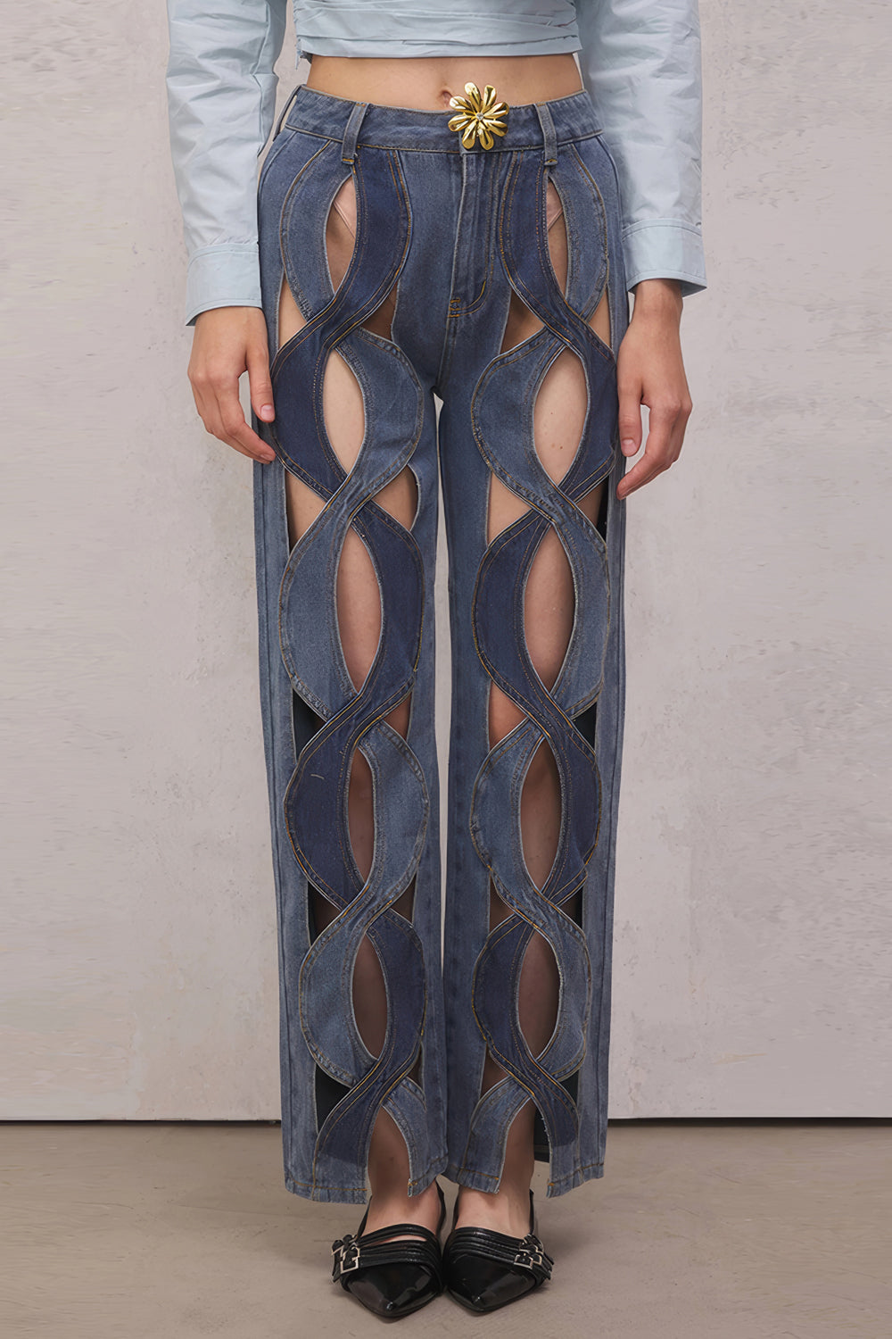 Cut-Out Woven Detail High-Waisted Jeans