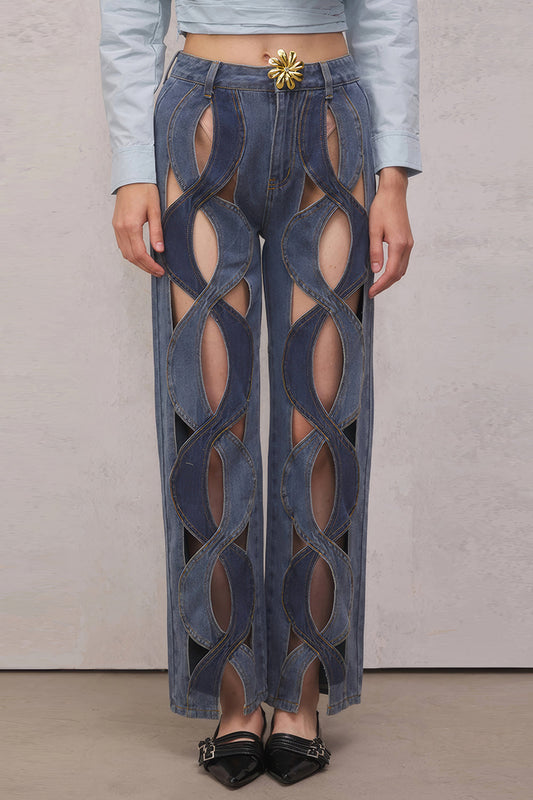 Cut-Out Woven Detail High-Waisted Jeans