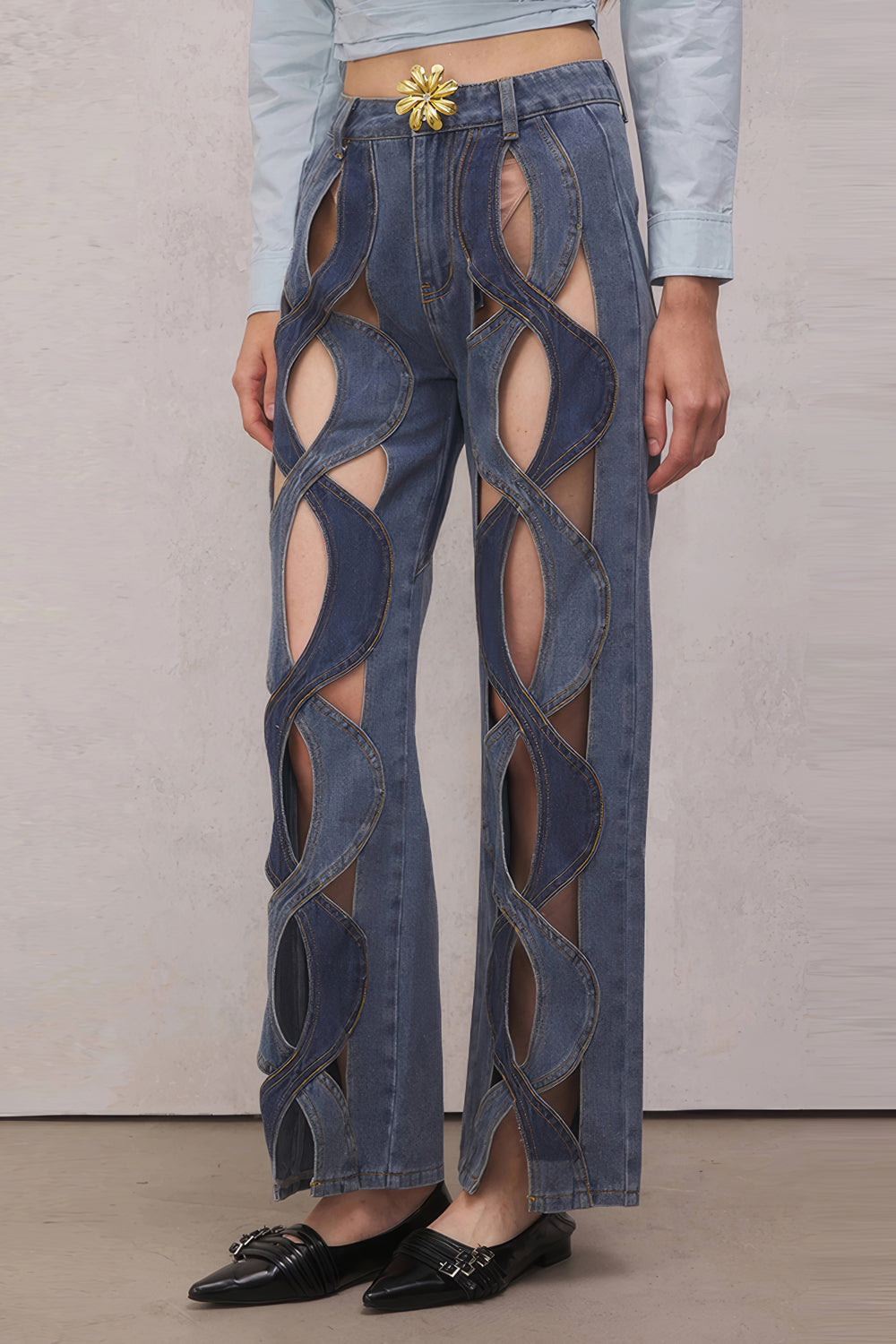 Cut-Out Woven Detail High-Waisted Jeans