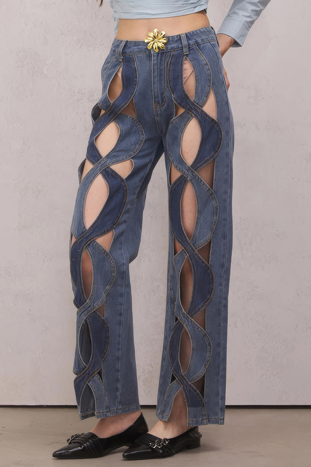 Cut-Out Woven Detail High-Waisted Jeans